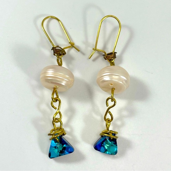 Gema earring jackets, Blue, Gold-tone plated | Swarovski Beautiful Pearl Blue Swarovski Crystal Earrings Dangle Gold Tone Hoop Setting